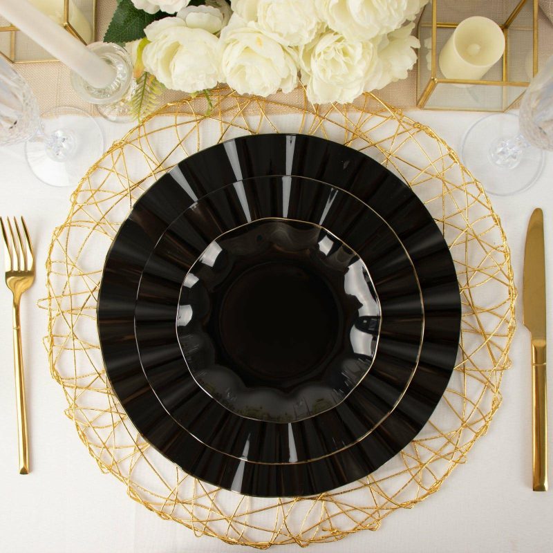 10 Pack Black Hard Plastic Dinner Plates with Gold Ruffled Rim, Heavy Duty Disposable Dinnerware 9″  |   Disposable Dinner Plates Disposable Dinner Plates Black/Gold