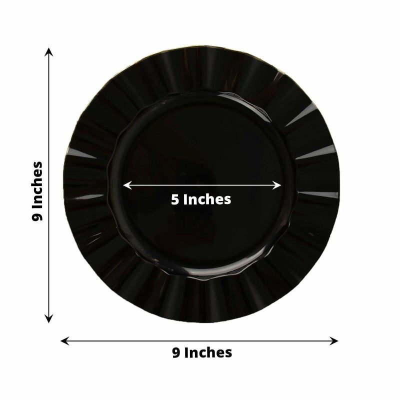 10 Pack Black Hard Plastic Dinner Plates with Gold Ruffled Rim, Heavy Duty Disposable Dinnerware 9″  |   Disposable Dinner Plates Disposable Dinner Plates Black/Gold