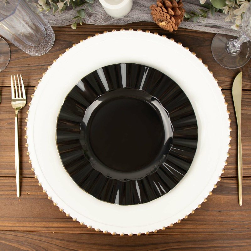 10 Pack Black Hard Plastic Dinner Plates with Gold Ruffled Rim, Heavy Duty Disposable Dinnerware 9″  |   Disposable Dinner Plates Disposable Dinner Plates Black/Gold