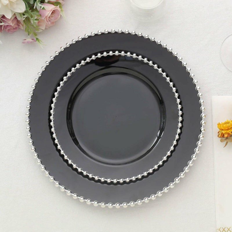 10 Pack Black / Silver Beaded Rim Plastic Dessert Appetizer Plates, Disposable Round Salad Party Plates 8″  |   Disposable Salad/Dessert Plates Disposable Plates Black/Silver