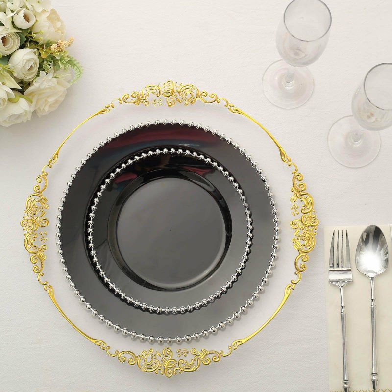 10 Pack Black / Silver Beaded Rim Plastic Dessert Appetizer Plates, Disposable Round Salad Party Plates 8″  |   Disposable Salad/Dessert Plates Disposable Plates Black/Silver