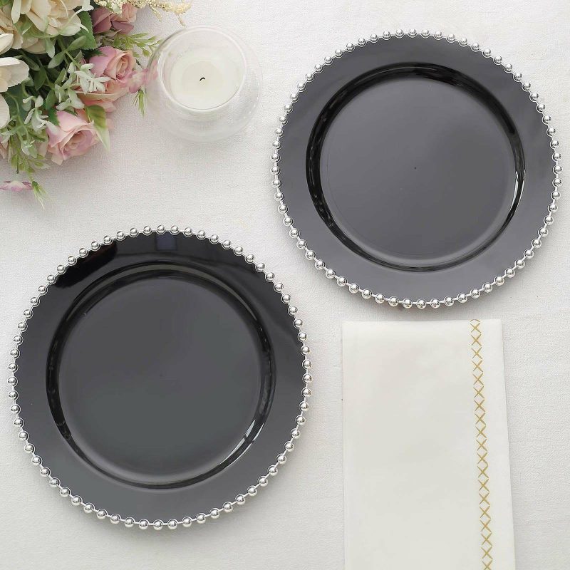 10 Pack Black / Silver Beaded Rim Plastic Dessert Appetizer Plates, Disposable Round Salad Party Plates 8″  |   Disposable Salad/Dessert Plates Disposable Plates Black/Silver