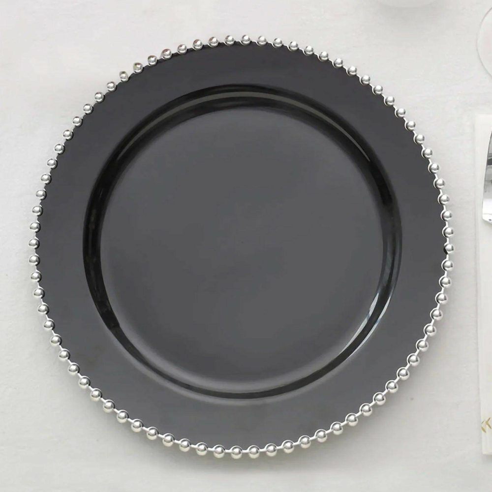 10 Pack Black / Silver Beaded Rim Plastic Dinner Plates, Disposable Round Party Plates 10″  |   Disposable Dinner Plates Disposable Dinner Plates Black/Silver