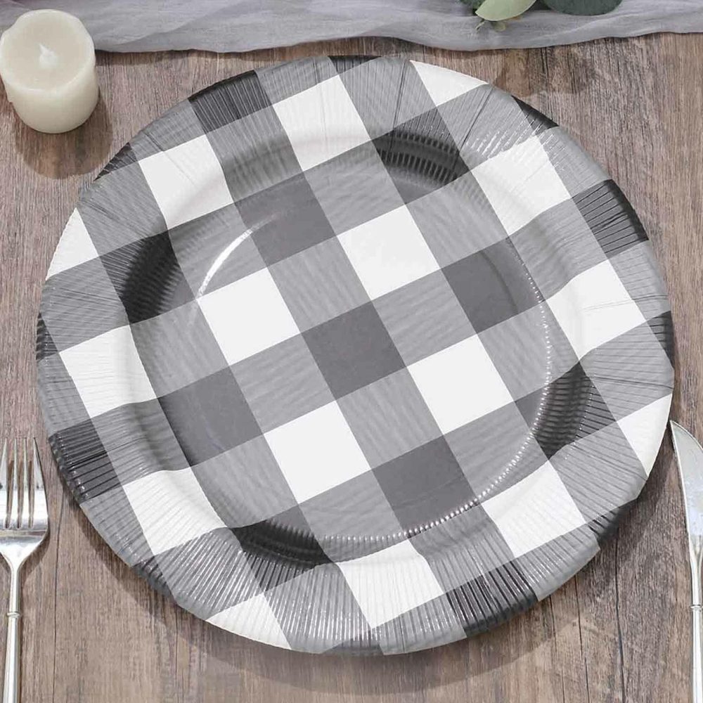 10 Pack Black / White Buffalo Plaid Disposable Serving Trays, Round Checkered Sunray Cardboard Charger Plates 350 GSM 13″  |   Paper Chargers & Trays Paper Chargers & Trays Black/White