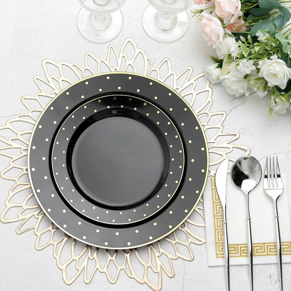 10 Pack Black With Gold Dot Rim Plastic Dessert Plates, Round Salad Disposable Tableware Plates 7.5″  |   Disposable Salad/Dessert Plates Disposable Plates Black/Gold