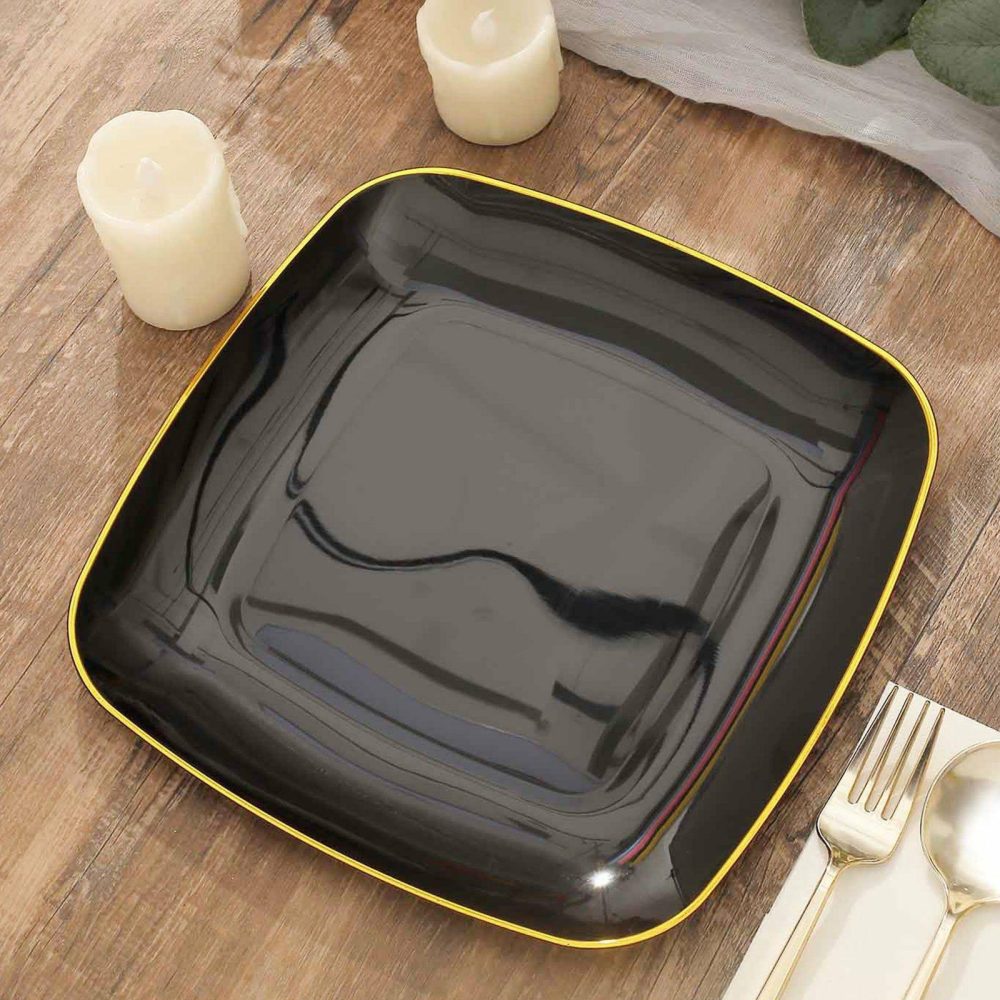 10 Pack Black with Gold Rim Square Plastic Dinner Plates, Disposable Lunch Party Plates 10″  |   Disposable Dinner Plates Disposable Dinner Plates Black/Gold