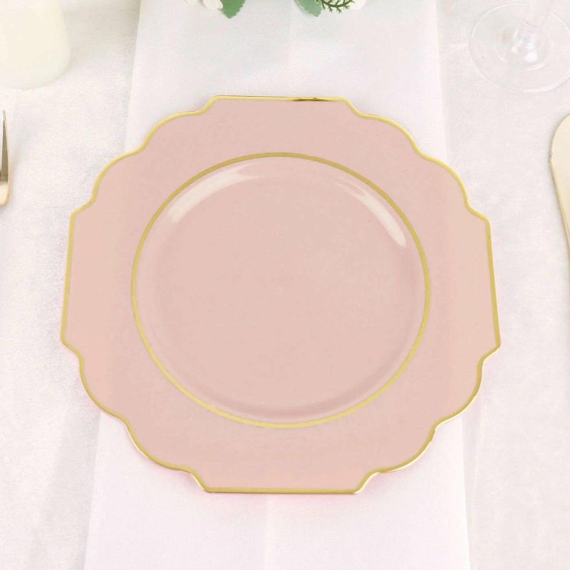 10 Pack Blush Hard Plastic Dessert Appetizer Plates, Disposable Tableware, Baroque Heavy Duty Salad Plates with Gold Rim 8″  |   Disposable Salad/Dessert Plates Disposable Plates Blush/Gold