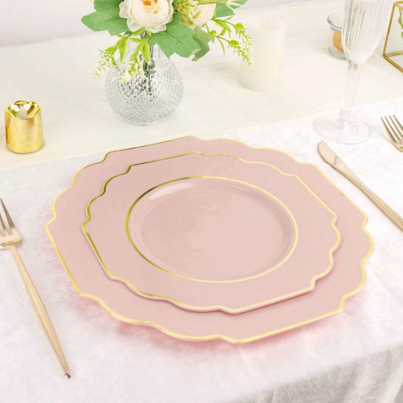 10 Pack Blush Hard Plastic Dessert Appetizer Plates, Disposable Tableware, Baroque Heavy Duty Salad Plates with Gold Rim 8″  |   Disposable Salad/Dessert Plates Disposable Plates Blush/Gold