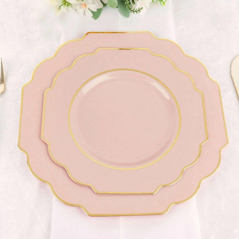 10 Pack Blush Hard Plastic Dessert Appetizer Plates, Disposable Tableware, Baroque Heavy Duty Salad Plates with Gold Rim 8″  |   Disposable Salad/Dessert Plates Disposable Plates Blush/Gold