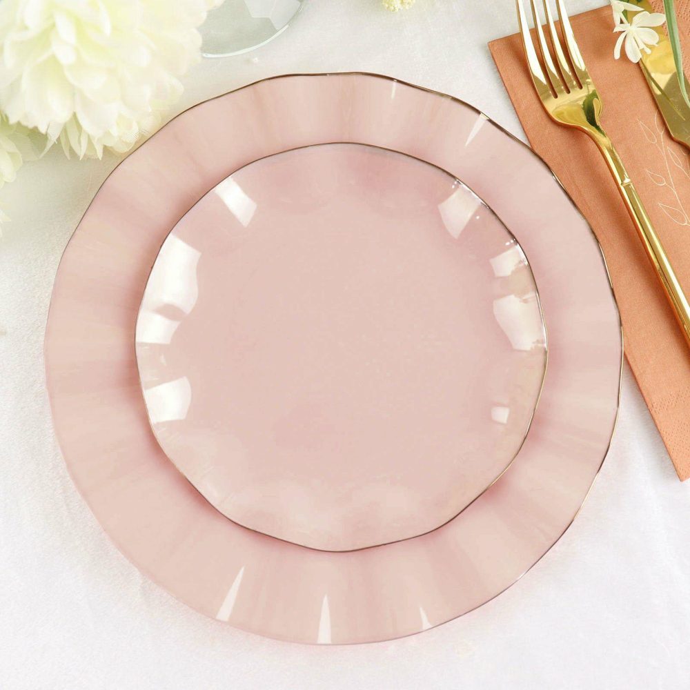 10 Pack Blush Hard Plastic Dessert Plates with Gold Ruffled Rim, Heavy Duty Disposable Salad Appetizer Dinnerware 6″  |   Disposable Salad/Dessert Plates Disposable Plates Blush/Gold