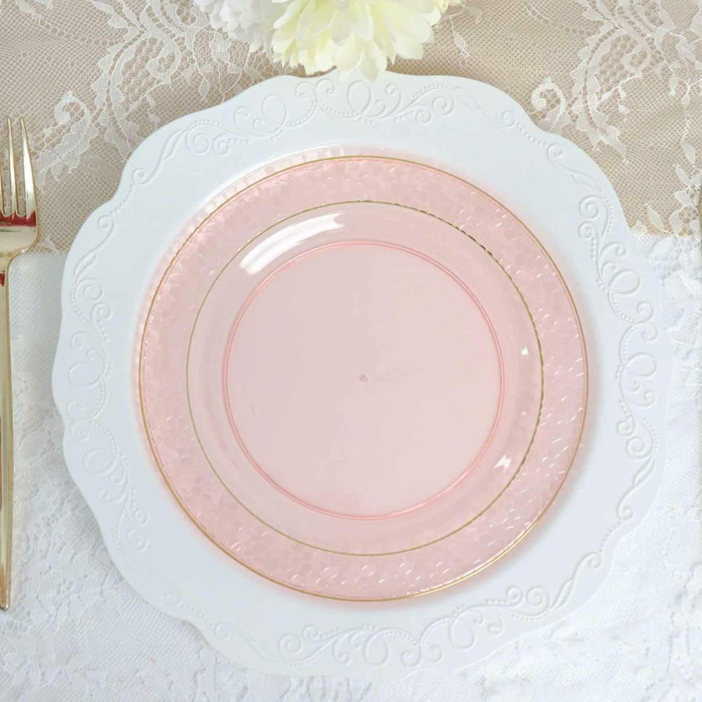 10 Pack Blush Plastic Dessert or Appetizer Plates With Gold Rim and Hammered Design 7.5″  |   Disposable Salad/Dessert Plates Disposable Plates Blush/Gold