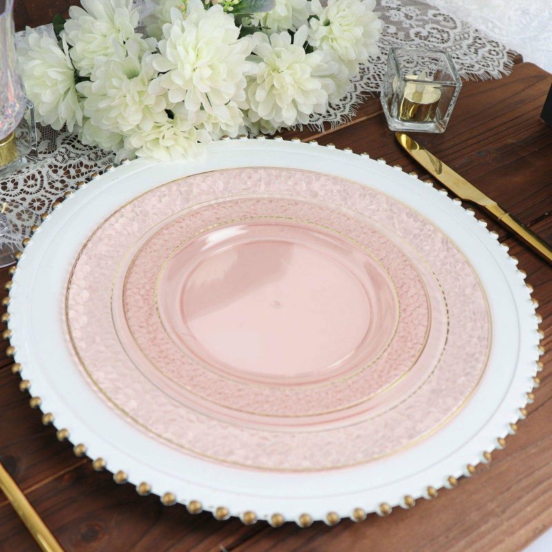 10 Pack Blush Plastic Dessert or Appetizer Plates With Gold Rim and Hammered Design 7.5″  |   Disposable Salad/Dessert Plates Disposable Plates Blush/Gold