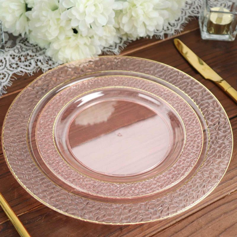 10 Pack Blush Plastic Dessert or Appetizer Plates With Gold Rim and Hammered Design 7.5″  |   Disposable Salad/Dessert Plates Disposable Plates Blush/Gold