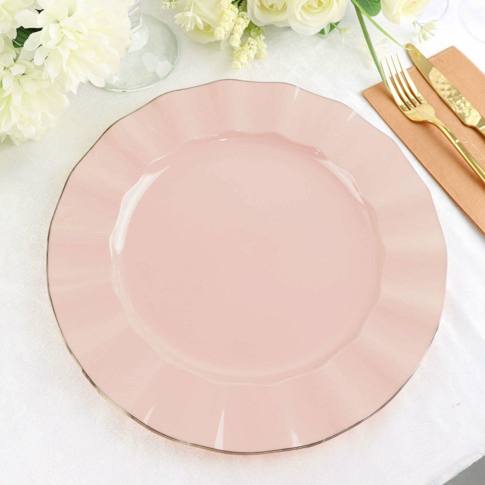 10 Pack Blush Plastic Party Plates With Gold Ruffled Rim, Round Disposable Dinner Plates 11″  |   Disposable Dinner Plates Disposable Dinner Plates Blush/Gold