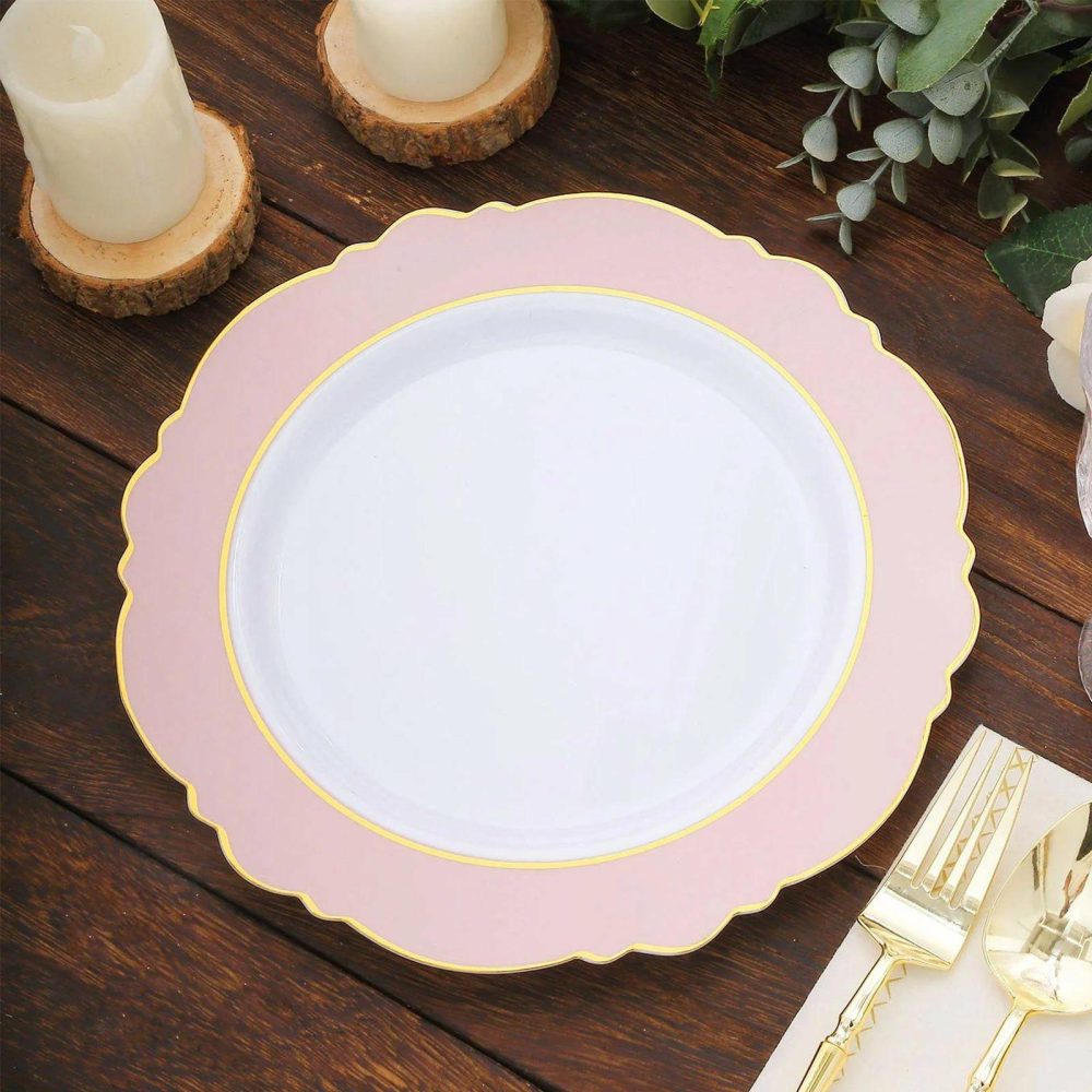 10 Pack Blush White Plastic Party Plates With Round Blossom Design, Disposable Dinner Plates With Gold Rim 10″  |   Disposable Dinner Plates Disposable Dinner Plates Blush