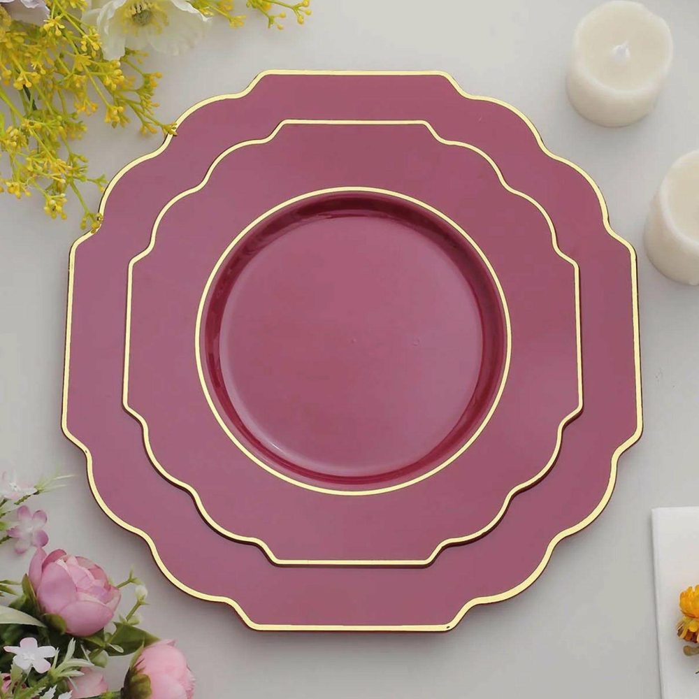 10 Pack Burgundy Hard Plastic Baroque Dessert Plates with Gold Rim, Heavy Duty Disposable Salad Appetizer Plates 8″  |   Disposable Salad/Dessert Plates Disposable Plates Burgundy/Gold