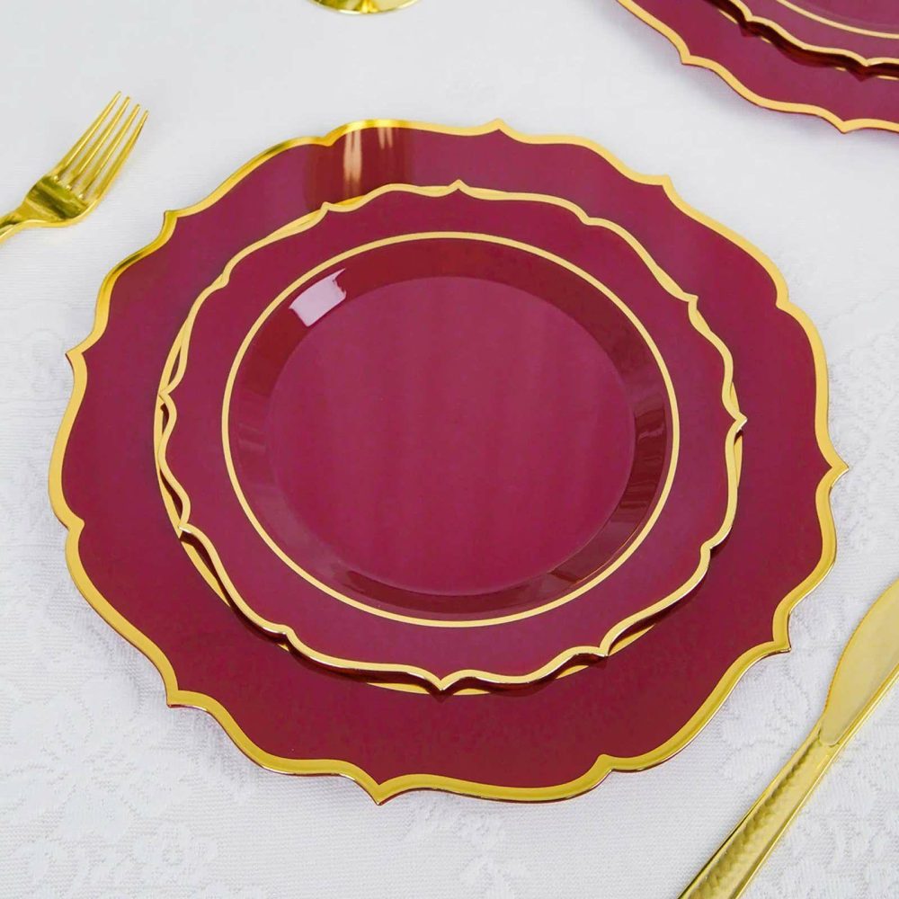 10 Pack Burgundy Plastic Dessert Salad Plates, Disposable Tableware Round With Gold Scalloped Rim 8″  |   Disposable Salad/Dessert Plates Disposable Plates Burgundy/Gold