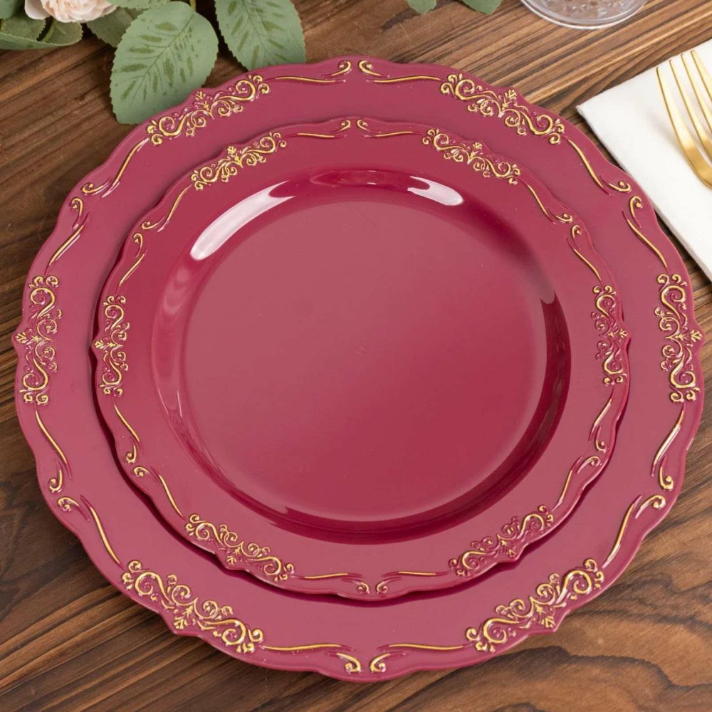 10 Pack Burgundy With Gold Vintage Rim Hard Plastic Dessert Plates With Embossed Scalloped Edges, Disposable Salad Plates 7″  |   Disposable Salad/Dessert Plates Disposable Plates Burgundy