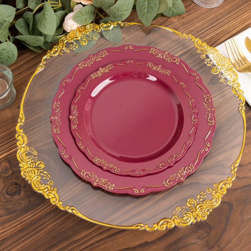 10 Pack Burgundy With Gold Vintage Rim Hard Plastic Dessert Plates With Embossed Scalloped Edges, Disposable Salad Plates 7″  |   Disposable Salad/Dessert Plates Disposable Plates Burgundy