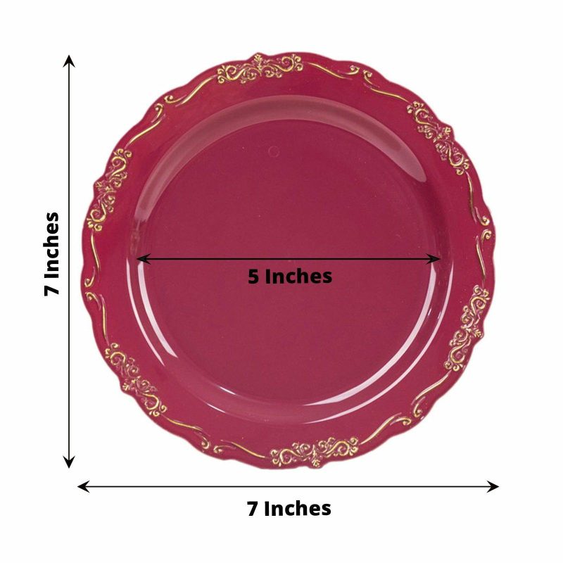 10 Pack Burgundy With Gold Vintage Rim Hard Plastic Dessert Plates With Embossed Scalloped Edges, Disposable Salad Plates 7″  |   Disposable Salad/Dessert Plates Disposable Plates Burgundy