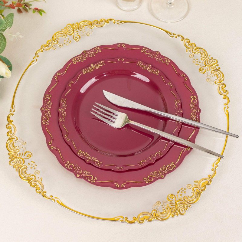 10 Pack Burgundy With Gold Vintage Rim Hard Plastic Dessert Plates With Embossed Scalloped Edges, Disposable Salad Plates 7″  |   Disposable Salad/Dessert Plates Disposable Plates Burgundy