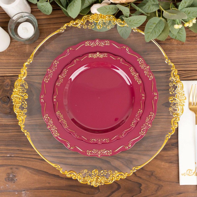 10 Pack Burgundy With Gold Vintage Rim Hard Plastic Dessert Plates With Embossed Scalloped Edges, Disposable Salad Plates 7″  |   Disposable Salad/Dessert Plates Disposable Plates Burgundy