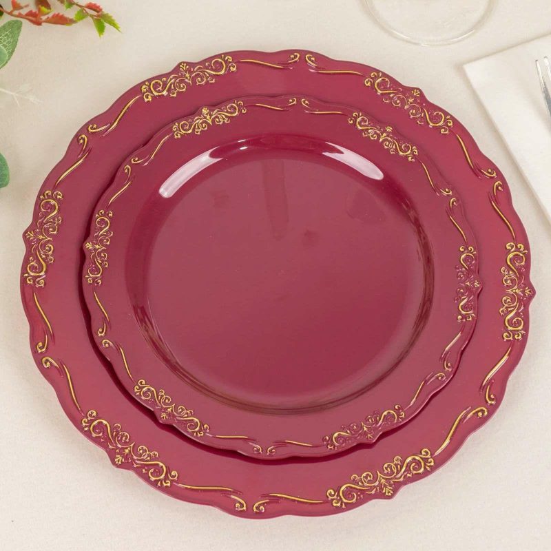 10 Pack Burgundy With Gold Vintage Rim Hard Plastic Dessert Plates With Embossed Scalloped Edges, Disposable Salad Plates 7″  |   Disposable Salad/Dessert Plates Disposable Plates Burgundy