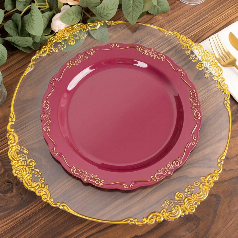 10 Pack Burgundy With Gold Vintage Rim Hard Plastic Dinner Plates With Embossed Scalloped Edges, Disposable Party Plates 10″  |   Disposable Dinner Plates Disposable Dinner Plates Burgundy