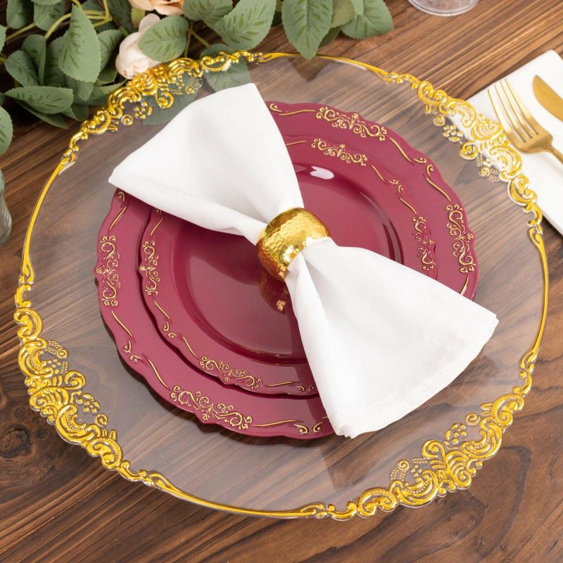 10 Pack Burgundy With Gold Vintage Rim Hard Plastic Dinner Plates With Embossed Scalloped Edges, Disposable Party Plates 10″  |   Disposable Dinner Plates Disposable Dinner Plates Burgundy