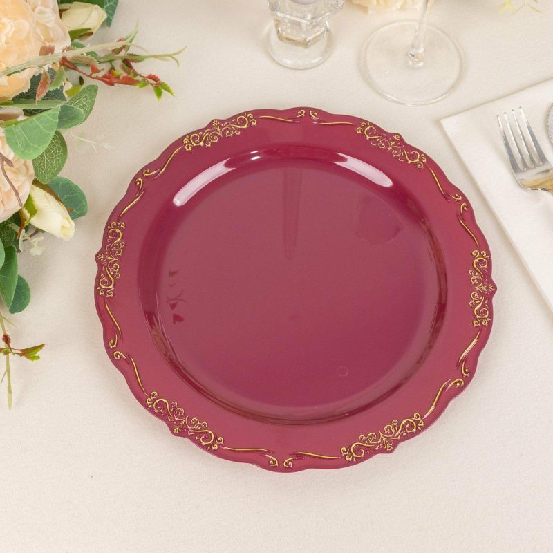 10 Pack Burgundy With Gold Vintage Rim Hard Plastic Dinner Plates With Embossed Scalloped Edges, Disposable Party Plates 10″  |   Disposable Dinner Plates Disposable Dinner Plates Burgundy