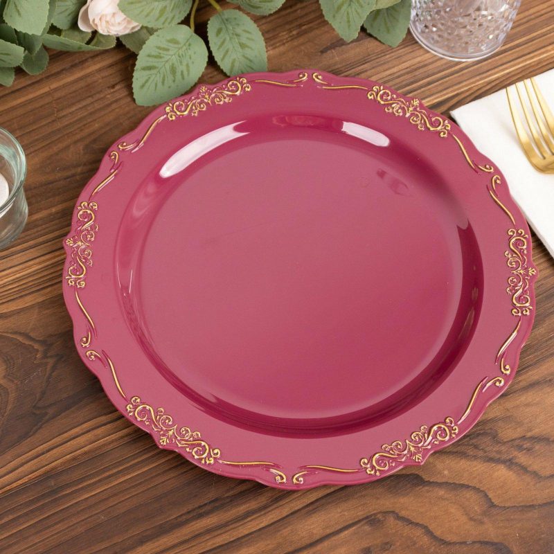 10 Pack Burgundy With Gold Vintage Rim Hard Plastic Dinner Plates With Embossed Scalloped Edges, Disposable Party Plates 10″  |   Disposable Dinner Plates Disposable Dinner Plates Burgundy