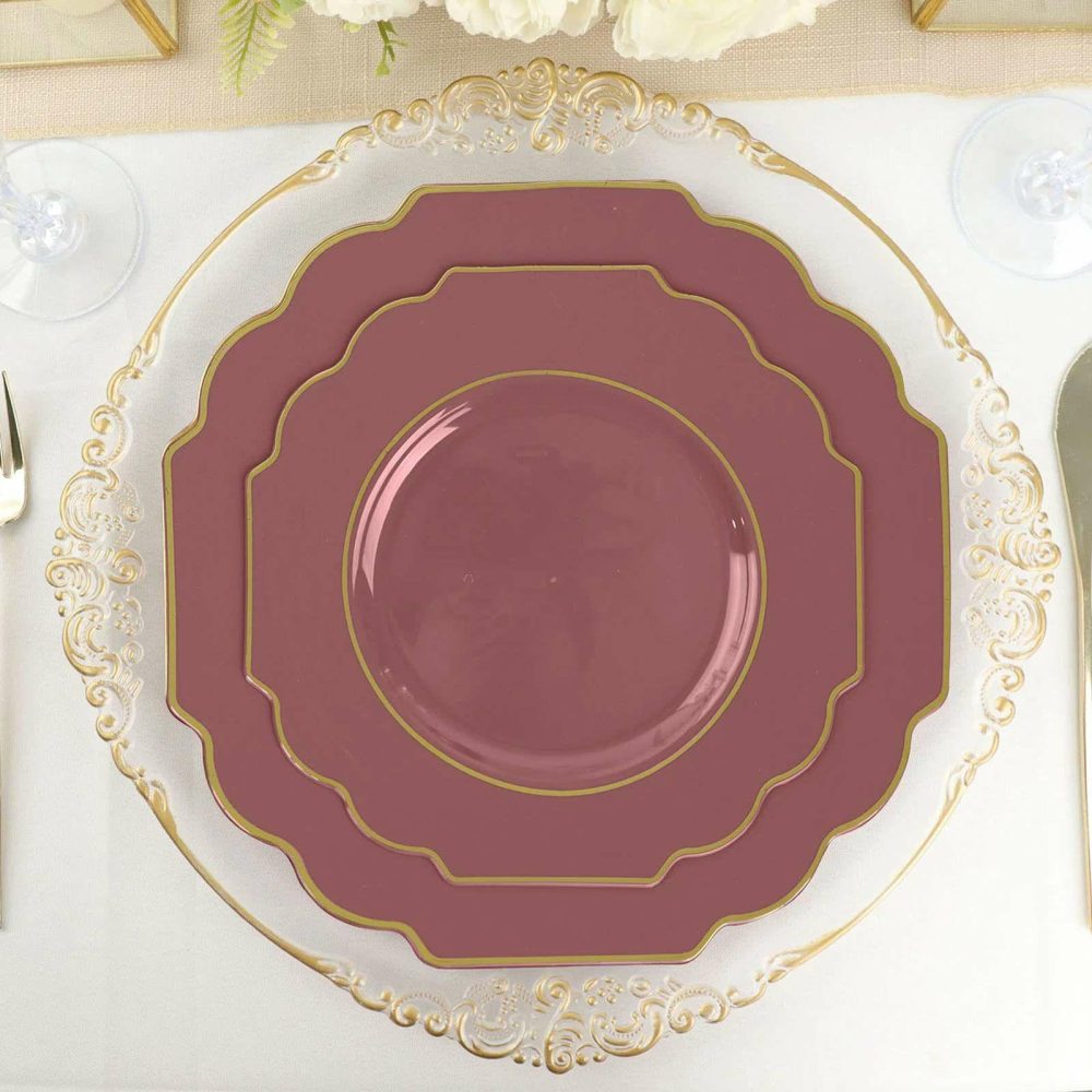 10 Pack Cinnamon Rose Hard Plastic Baroque Dessert Plates with Gold Rim, Heavy Duty Disposable Salad Appetizer Plates 8″  |   Disposable Salad/Dessert Plates Disposable Plates Cinnamon Rose/Gold