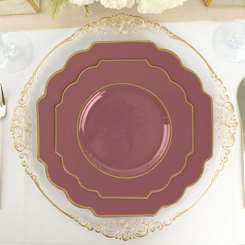 10 Pack Cinnamon Rose Hard Plastic Baroque Dessert Plates with Gold Rim, Heavy Duty Disposable Salad Appetizer Plates 8″  |   Disposable Salad/Dessert Plates Disposable Plates Cinnamon Rose/Gold