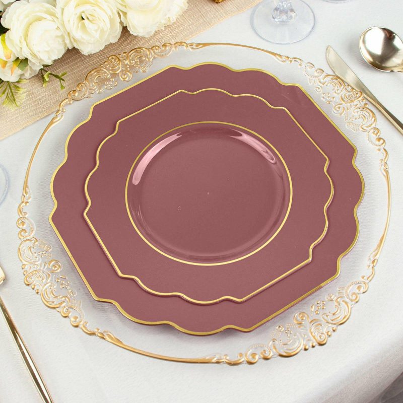 10 Pack Cinnamon Rose Hard Plastic Baroque Dessert Plates with Gold Rim, Heavy Duty Disposable Salad Appetizer Plates 8″  |   Disposable Salad/Dessert Plates Disposable Plates Cinnamon Rose/Gold