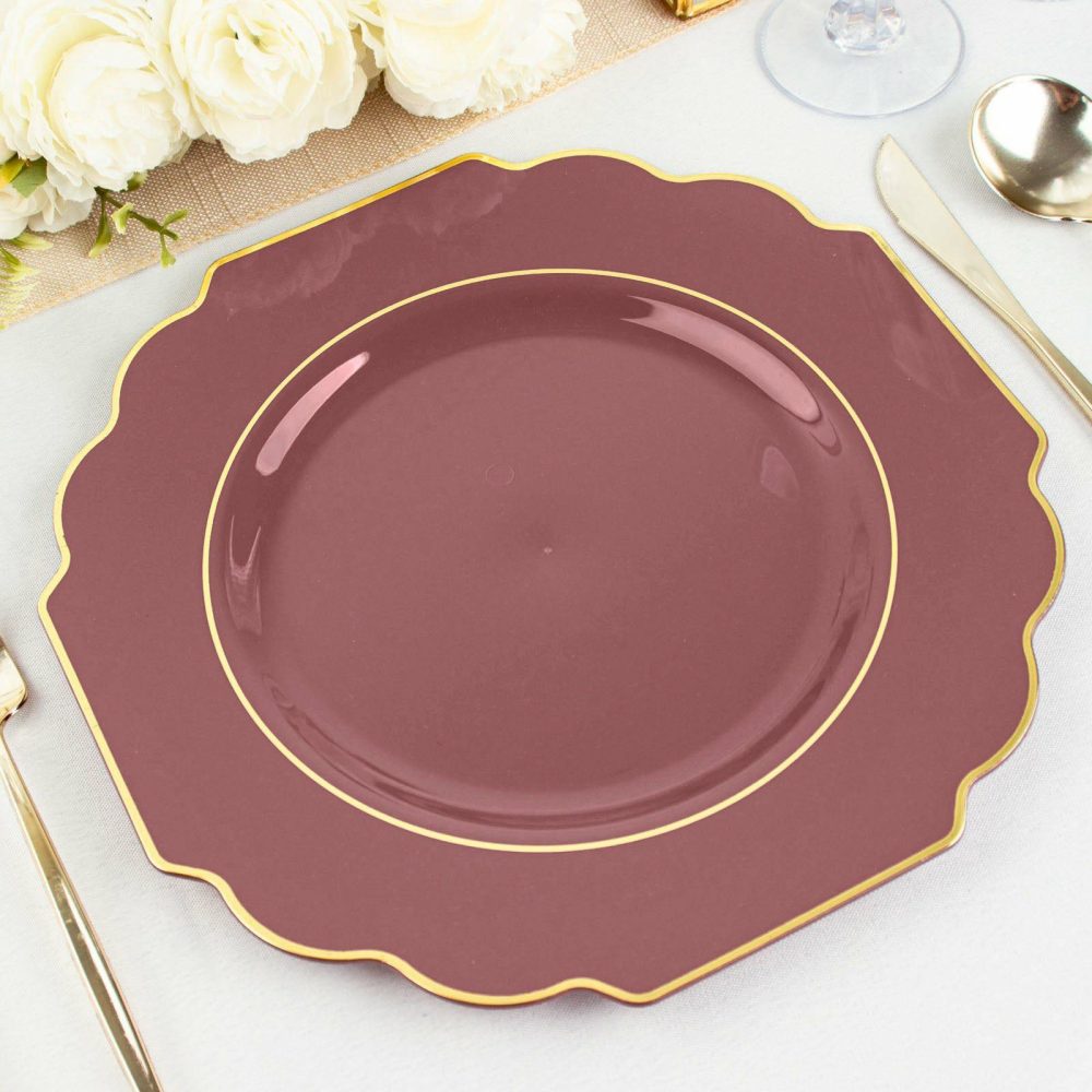 10 Pack Cinnamon Rose Hard Plastic Baroque Dinner Plates with Gold Rim, Heavy Duty Disposable Dinnerware 11″  |   Disposable Dinner Plates Disposable Dinner Plates Cinnamon Rose/Gold