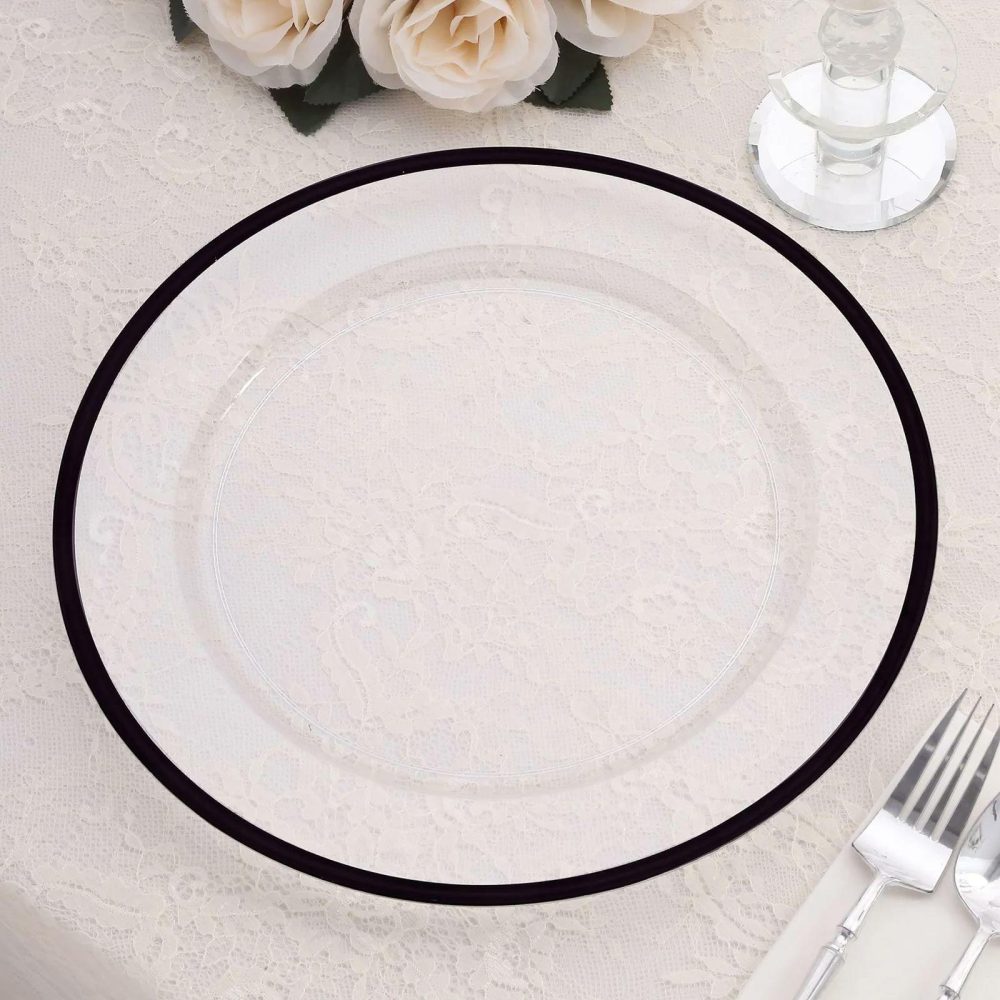 10 Pack Clear Economy Plastic Charger Plates With Black Rim, Round Dinner Chargers Event Tabletop Decor – 12″  |   Acrylic Charger Plates Acrylic Charger Plates Acrylic Charger Plates