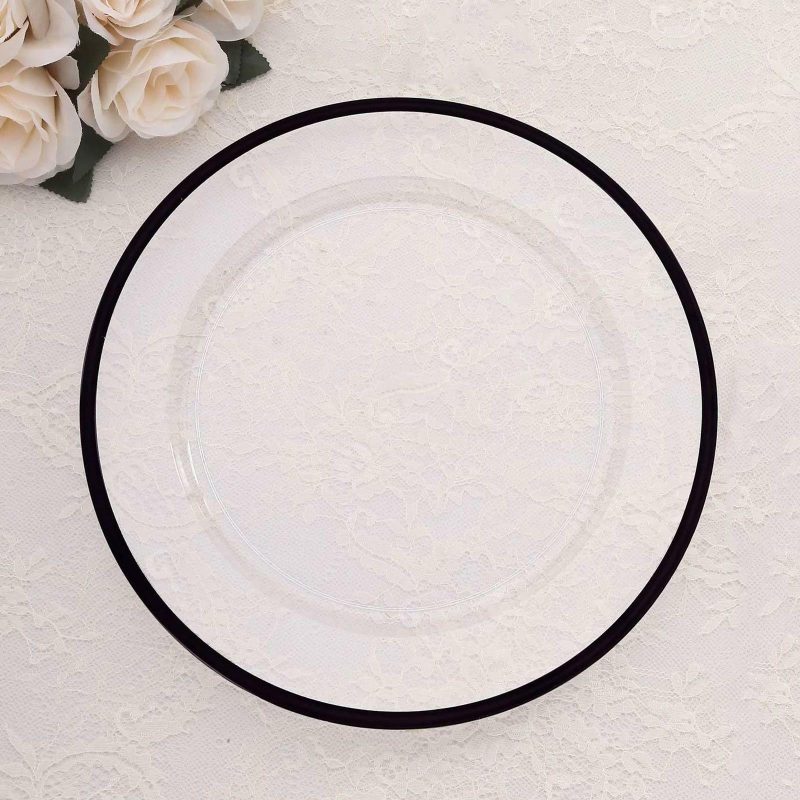 10 Pack Clear Economy Plastic Charger Plates With Black Rim, Round Dinner Chargers Event Tabletop Decor – 12″  |   Acrylic Charger Plates Acrylic Charger Plates Acrylic Charger Plates