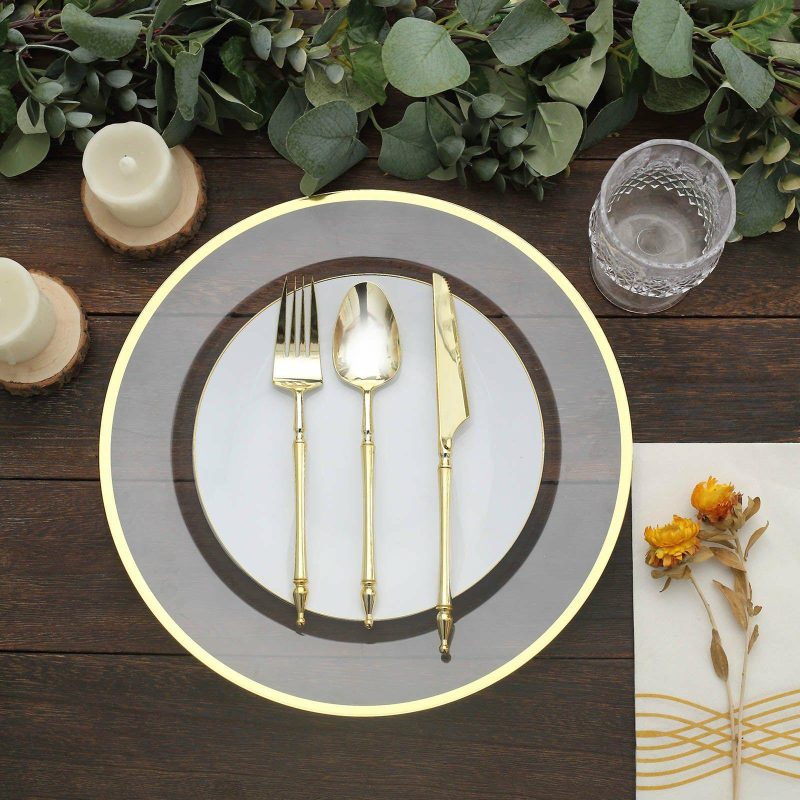 10 Pack Clear Economy Plastic Charger Plates With Gold Rim, Round Dinner Chargers Event Tabletop Decor – 12″  |   Acrylic Charger Plates Acrylic Charger Plates Acrylic Charger Plates