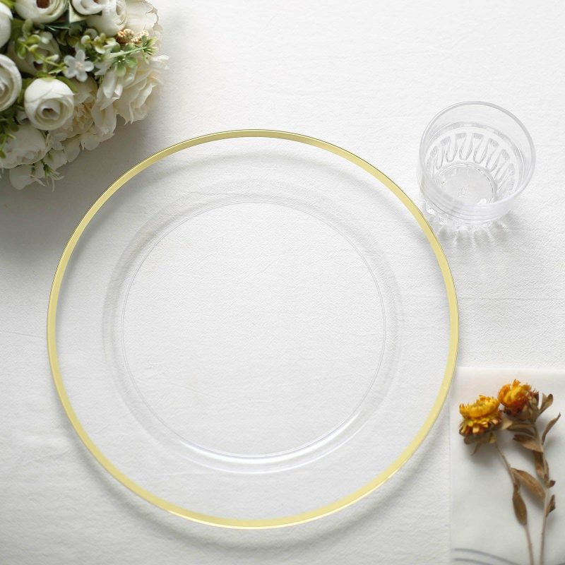 10 Pack Clear Economy Plastic Charger Plates With Gold Rim, Round Dinner Chargers Event Tabletop Decor – 12″  |   Acrylic Charger Plates Acrylic Charger Plates Acrylic Charger Plates