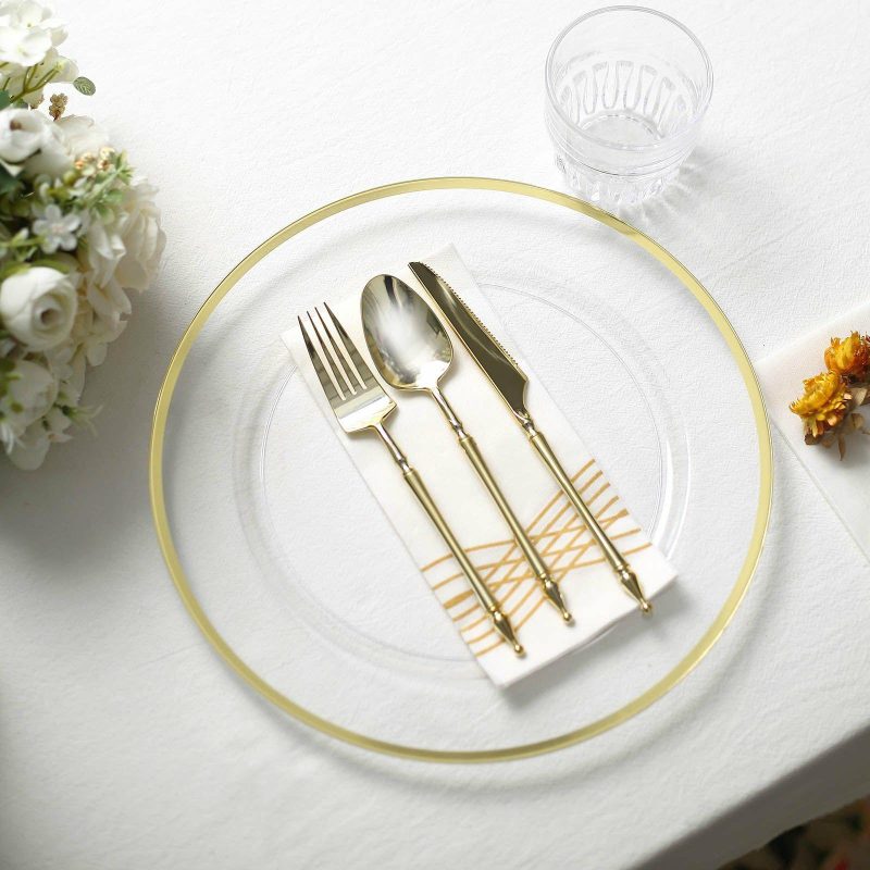 10 Pack Clear Economy Plastic Charger Plates With Gold Rim, Round Dinner Chargers Event Tabletop Decor – 12″  |   Acrylic Charger Plates Acrylic Charger Plates Acrylic Charger Plates