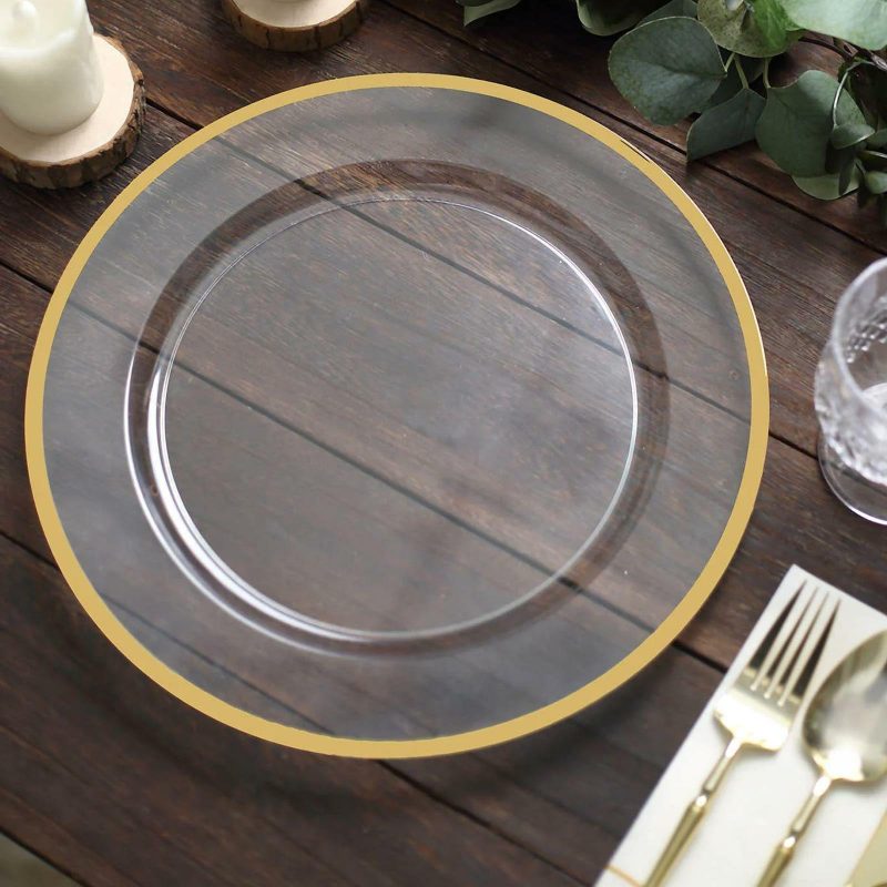 10 Pack Clear Economy Plastic Charger Plates With Gold Rim, Round Dinner Chargers Event Tabletop Decor – 12″  |   Acrylic Charger Plates Acrylic Charger Plates Acrylic Charger Plates