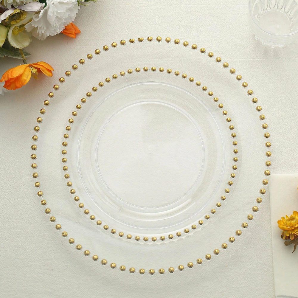 10 Pack Clear / Gold Beaded Rim Plastic Dessert Appetizer Plates, Disposable Round Salad Party Plates 8″  |   Disposable Salad/Dessert Plates Disposable Plates Clear/Gold