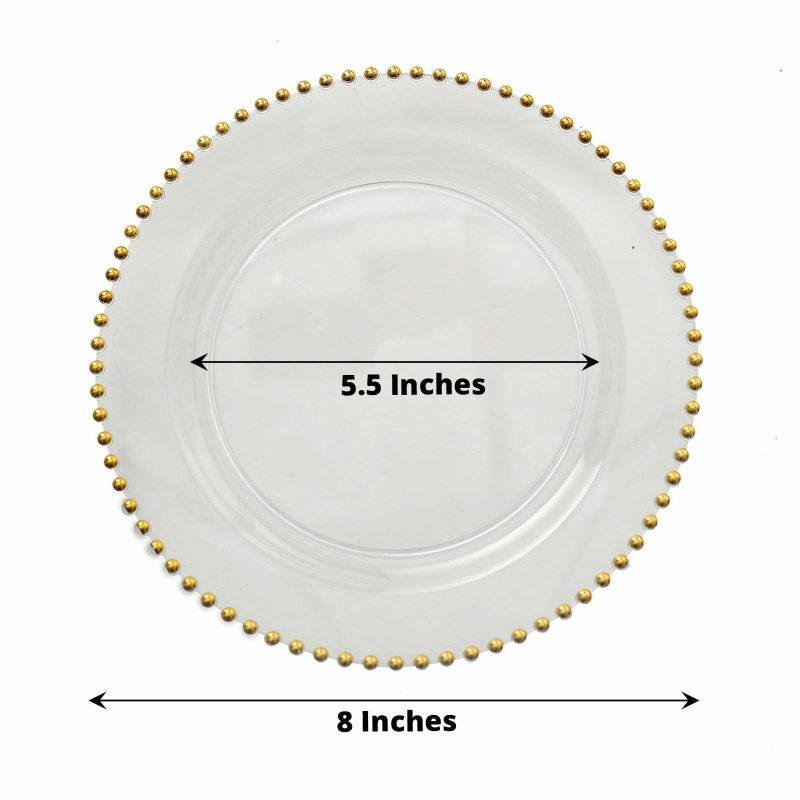 10 Pack Clear / Gold Beaded Rim Plastic Dessert Appetizer Plates, Disposable Round Salad Party Plates 8″  |   Disposable Salad/Dessert Plates Disposable Plates Clear/Gold