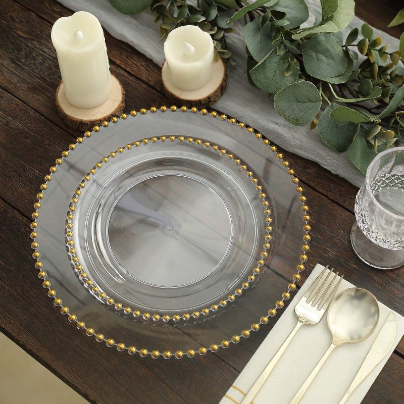 10 Pack Clear / Gold Beaded Rim Plastic Dessert Appetizer Plates, Disposable Round Salad Party Plates 8″  |   Disposable Salad/Dessert Plates Disposable Plates Clear/Gold