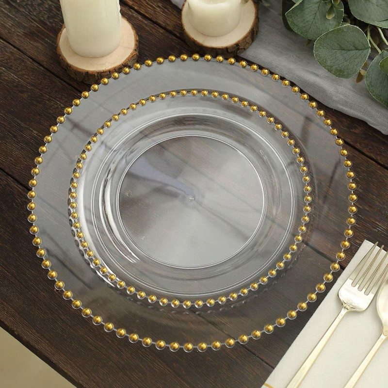 10 Pack Clear / Gold Beaded Rim Plastic Dessert Appetizer Plates, Disposable Round Salad Party Plates 8″  |   Disposable Salad/Dessert Plates Disposable Plates Clear/Gold