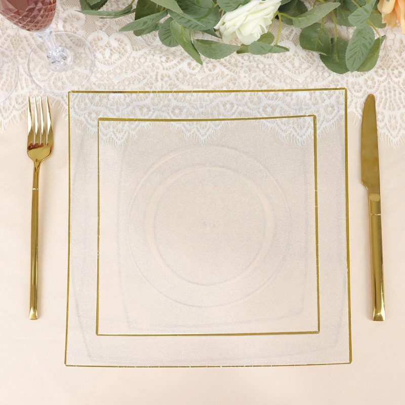 10 Pack Clear / Gold Concave Modern Square Plastic Dessert Plates, Disposable Salad Appetizer Party Plates 8″  |   Disposable Salad/Dessert Plates Disposable Plates Clear/Gold