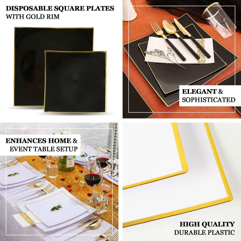 10 Pack Clear / Gold Concave Modern Square Plastic Dessert Plates, Disposable Salad Appetizer Party Plates 8″  |   Disposable Salad/Dessert Plates Disposable Plates Clear/Gold