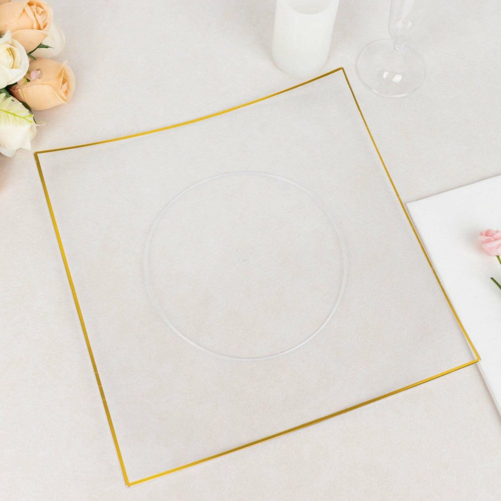 10 Pack Clear / Gold Concave Modern Square Plastic Dinner Plates, Disposable Party Plates 10″  |   Disposable Dinner Plates Disposable Dinner Plates Clear/Gold