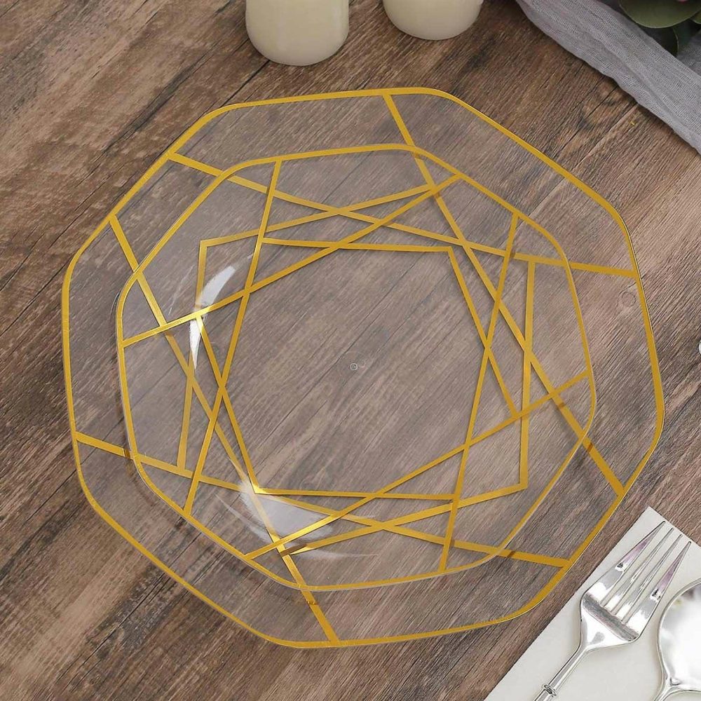 10 Pack Clear / Gold Geometric Design Plastic Dessert Plates, Disposable Octagon Salad/Appetizer Party Plates 8″  |   Disposable Salad/Dessert Plates Disposable Plates Clear/Gold