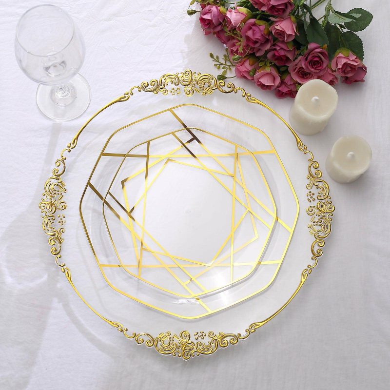 10 Pack Clear / Gold Geometric Design Plastic Dessert Plates, Disposable Octagon Salad/Appetizer Party Plates 8″  |   Disposable Salad/Dessert Plates Disposable Plates Clear/Gold